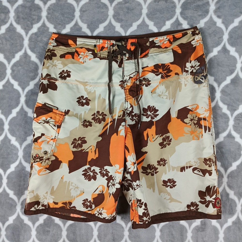 Quiksilver Board Shorts Men 34 Tan Brown Tiki Surf Vintage Floral Cargo